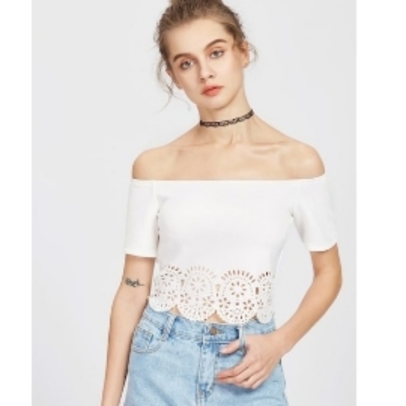 Tops - NEW Bardot Scallop Cutout Top